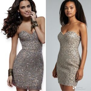 Scala 100% Silk Sparkling Silver Strapless Mini Dress